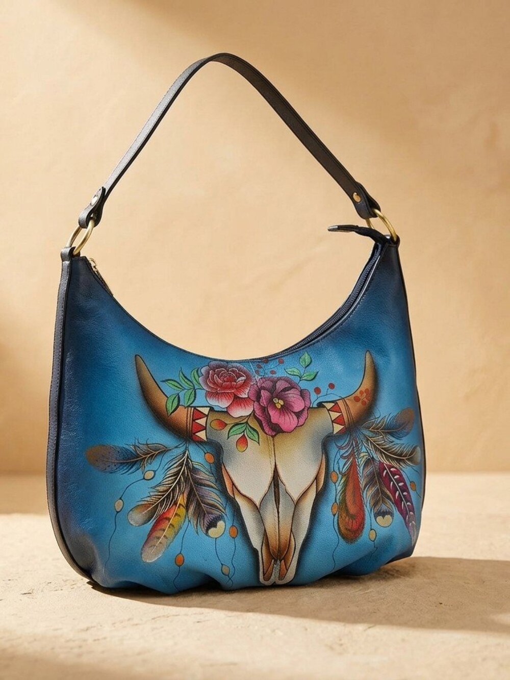 Anuschka Handpainted blue ombre Boho Spirit Skull Hobo Bag - Picture 2 of 7